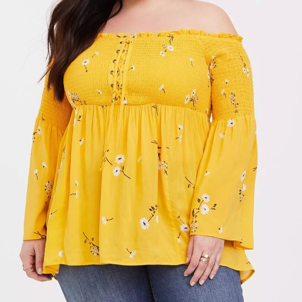 Torrid Daisy Dukes Modal Lace-Up Smocked Off-Shoulder Top in Size 1